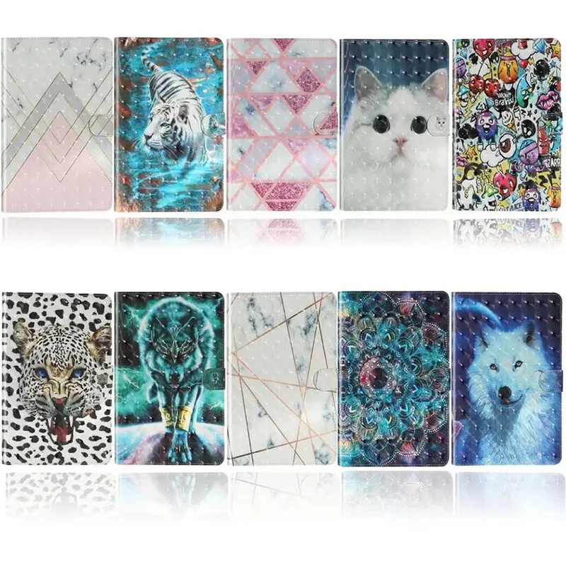 3D Colorful Painted Leather Flip Tablets Cases for ipad air 1 2 9.7 10.2 10.5 mini 12345 11 pro marble tiger wolf Tablet Protective Cover