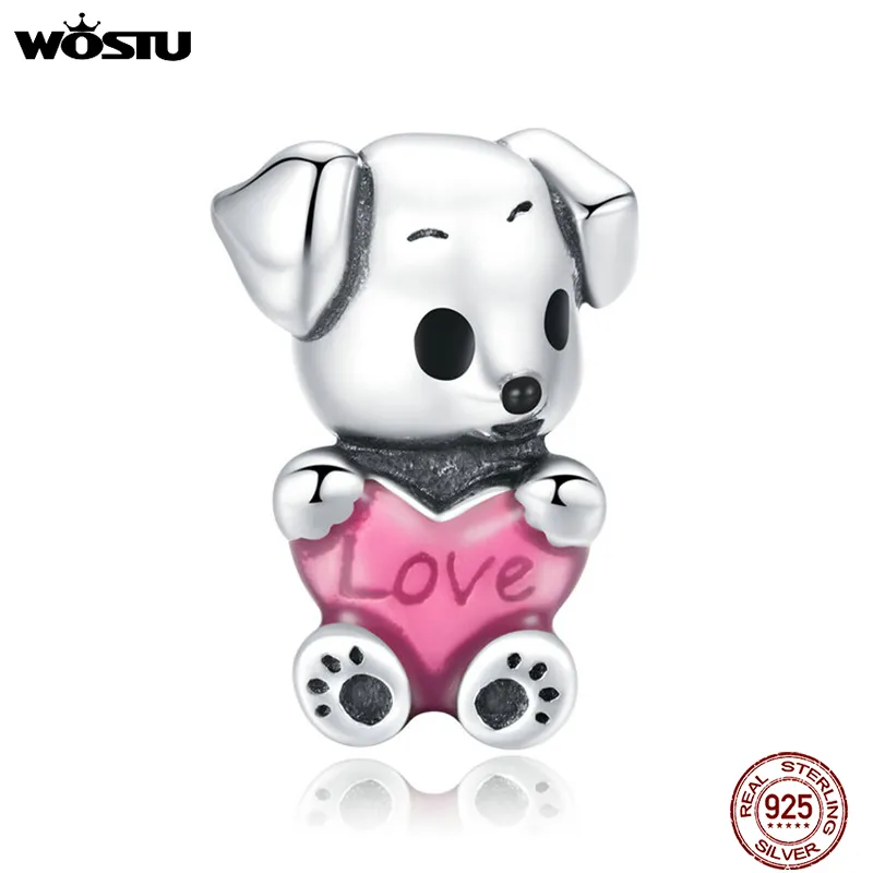 WOSTU 925 Sterling Silver Puppy Dog Bead Cute Animal Pink Emalia Urok Fit Original Bransoletka Naszyjnik Urocza Biżuteria CQC1677 Q0531