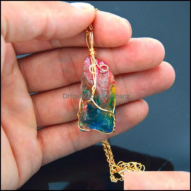 Rainbow Natural Stone Pendant Necklace Fashion Crystal Chakra Rock Necklace Gold Color Chain Quartz Long For Women Gift1