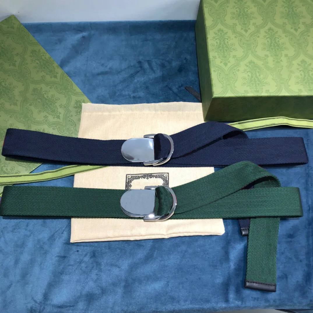 Classic Soft Green / Blue Canvas Men Bälten Mode Top Best Quality Green Web Women Belt med Box Men Designers Belts 0189