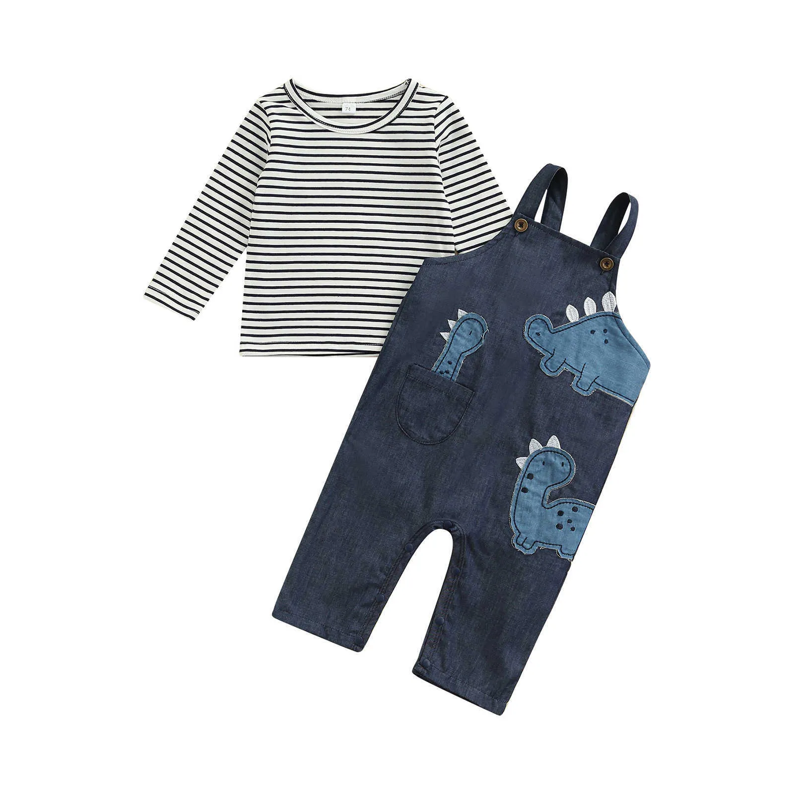 Newborn Baby Girls Boys 2pcs Clothes Suit Fashion Stripe Long Sleeve T-shirt and Dinosaur Suspender Pants Outfits G1023