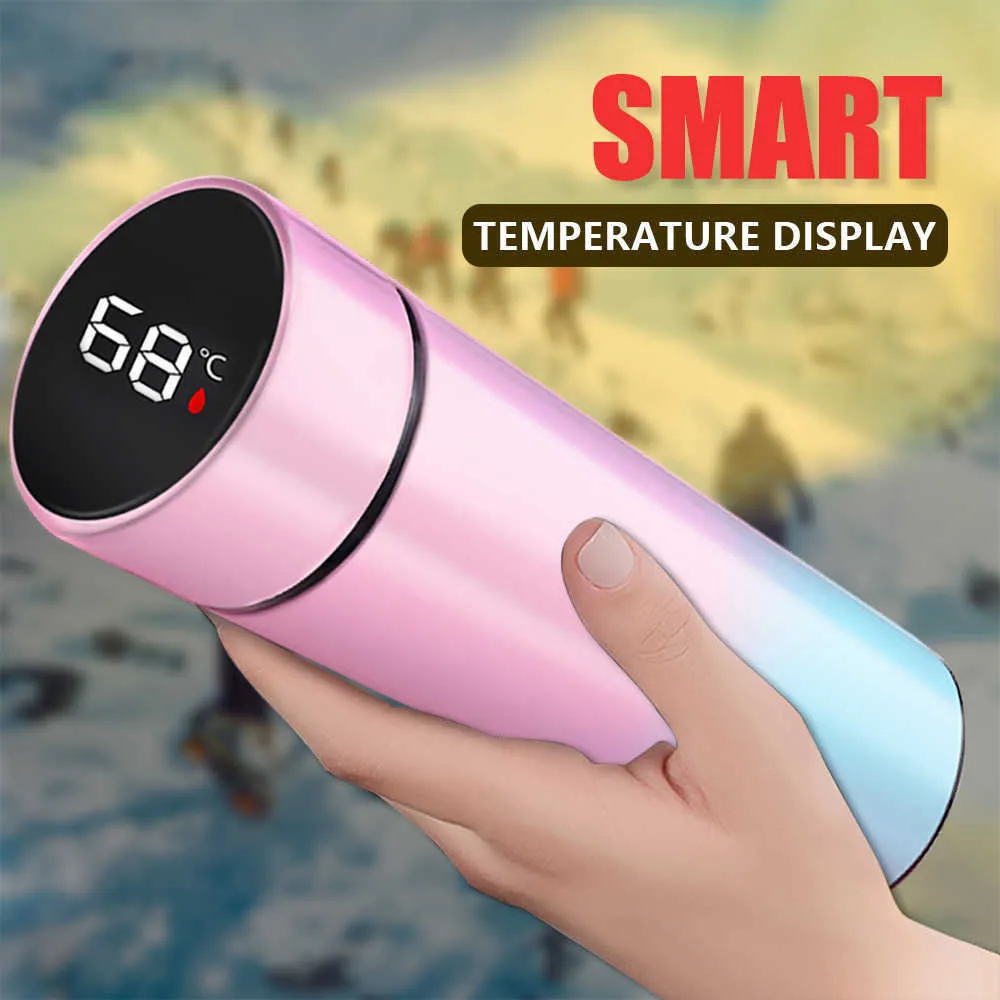 500ml Thermo Bottle Thermal Cup Vakuumflaskor Rostfritt Stål Termos För Te Cover LED Smart Temperatur Display Dricksvatten 210615