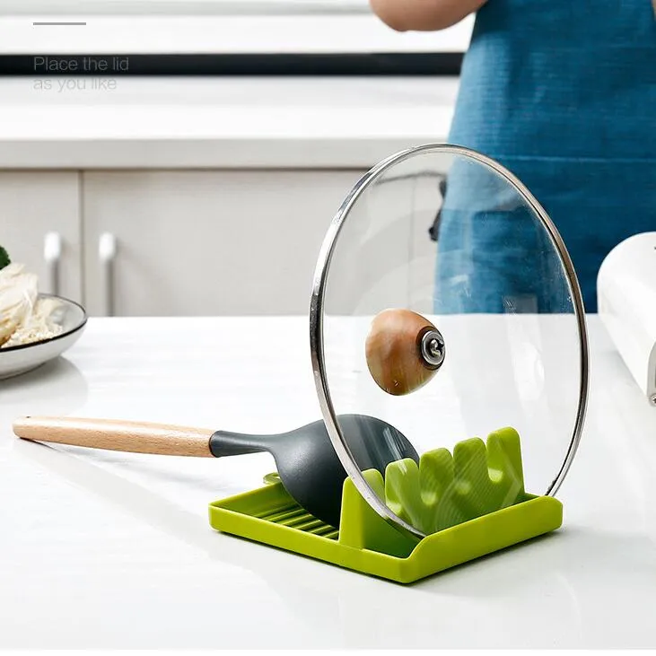 Kitchen Utensil Rest Spoon Pot Pan Lid Pots Shovel Holder Tools Food Grade Plastic Shelf Gray and Green FHL151-ZWL656