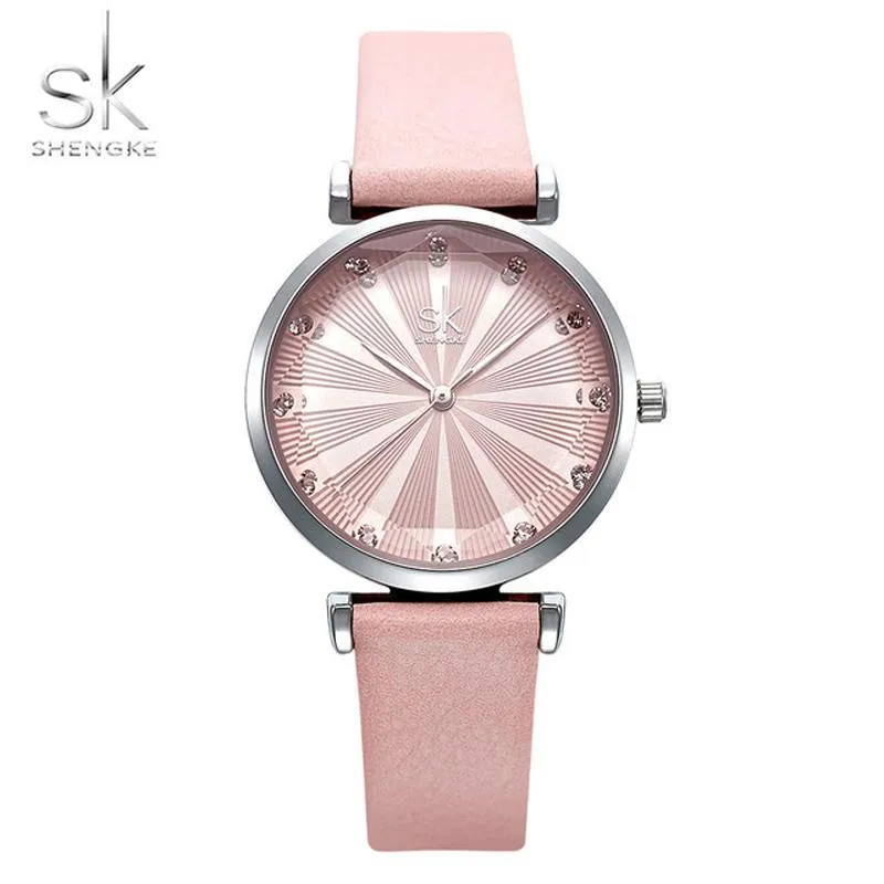 Top Shengke Womens Watches Quartz Movement Ladies Wristwatch Leather Strap For Women Fashion Analog Dial Pin Buckle Wristwatches Watches