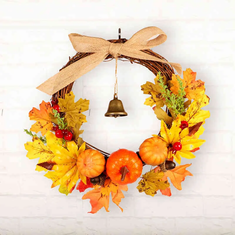 40cm Thanksgiving Wreath Autumn Color Garland Harvest Festival Bells Maple Leaf Pumpkin Dörrhängare Konstgjorda dekorationer