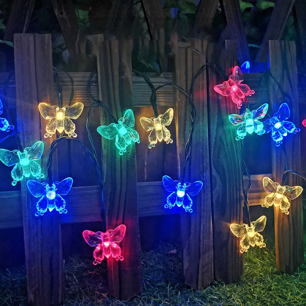 Kolorowe Butterfly String Light LED Solar Powered Wodoodporna Outdoor Garland Street Decoration Fairy Light for Garden Yard Patio Q0811