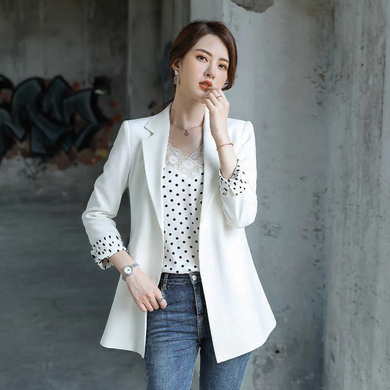 Temperament ladies solid color jacket high quality Autumn casual loose buttonless white blazer medium long suit female 210527