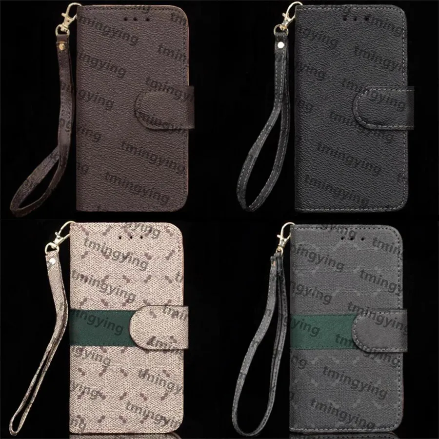 Designer lädertelefonfodral för iPhone 15 Pro Max 14 13 12 11 Fashion Wristband Lanyard Card Holder Pocket Back Cover Luxury Purse Word Wallet Flip Case