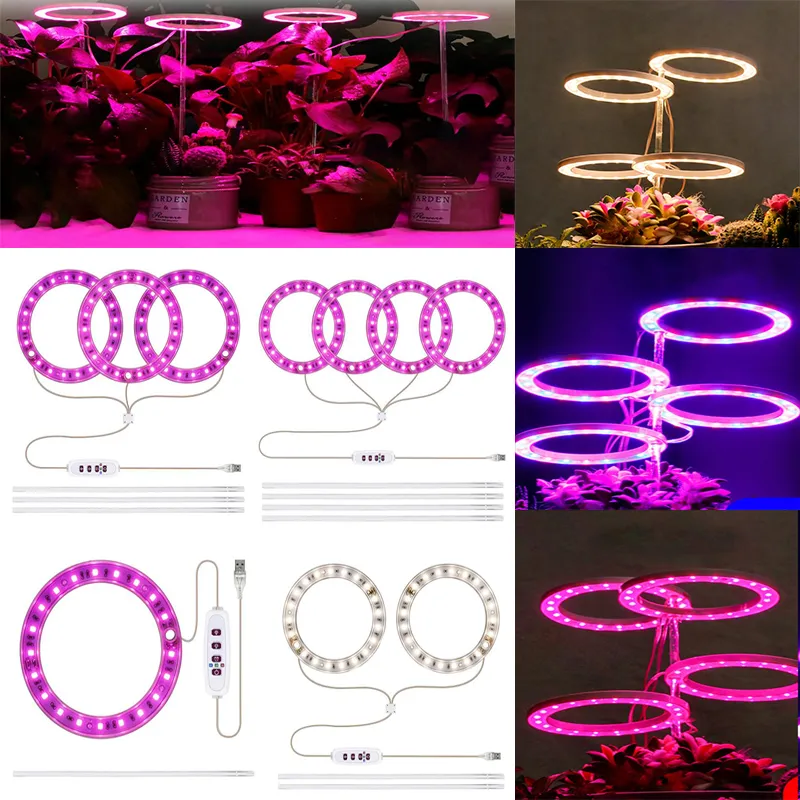 LED Ring Plant Grow Light Spettro completo Piante in vaso per interni DC 5V USB Lampada crescente Succulente Desktop Hydroponics Grows Herb Garden