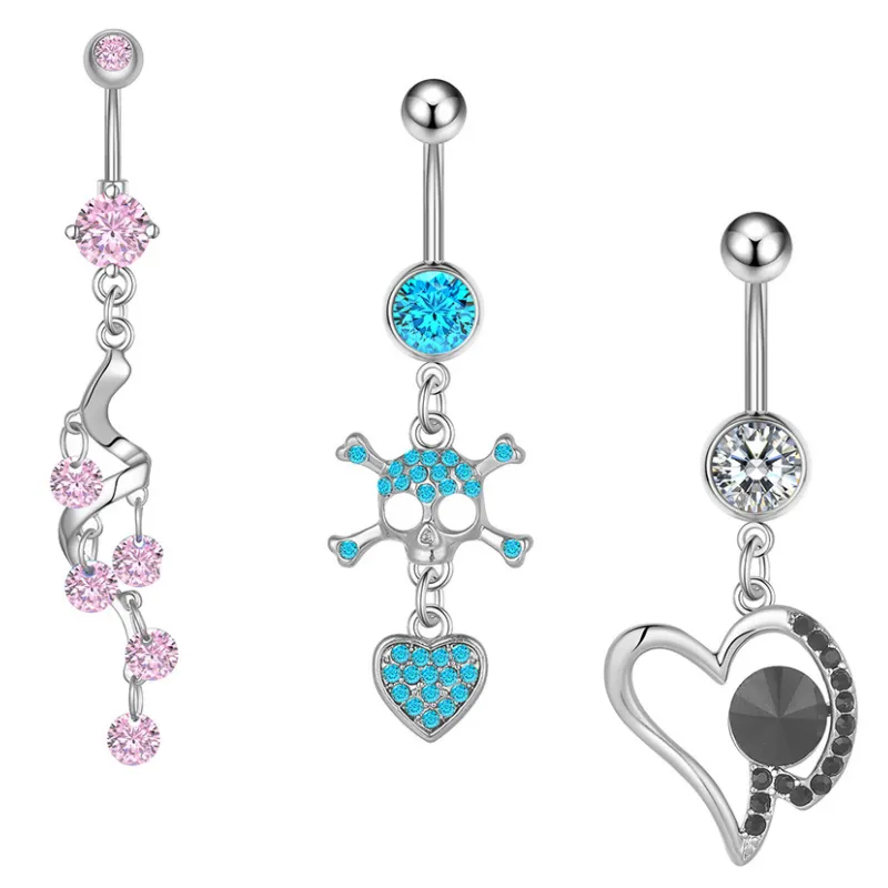 14g Zircon Heart Belly Knapp Ring Dangle Skull Navel Piercing Smycken Rostfritt Stål Barbell För Kvinnor