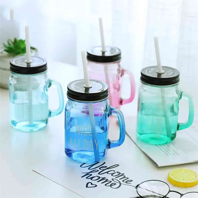 BPA Free Gradiënt Mason Jar of Milk Tea Cup Classic Geïsoleerde Tuimelaar Ketel Metalen Cover met een stro grootte stro 210804