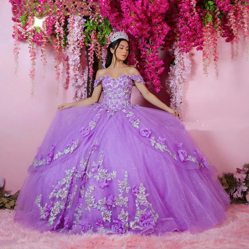 Lila 3d blommor quinceanera klänningar boll klänning formell prom examen kappor prinsessa söt 15 16 klä av axeln