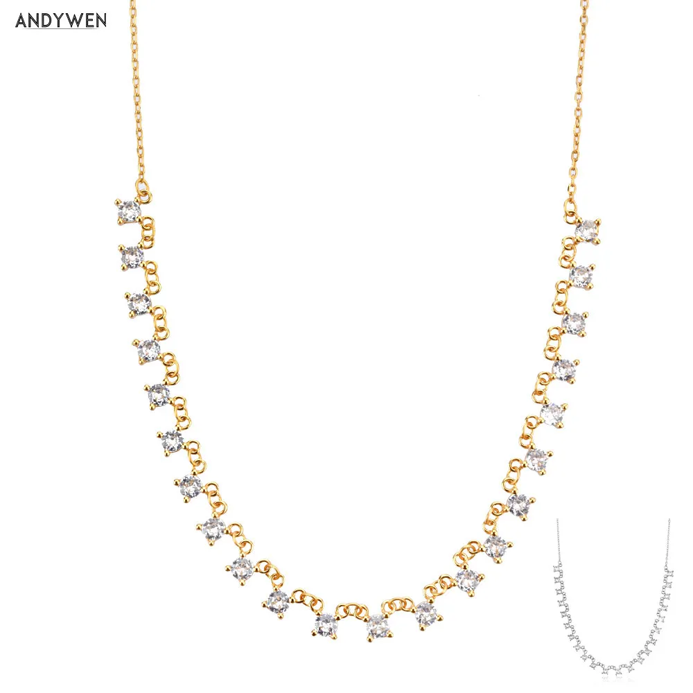 Andywen 925 Sterling prata ouro claro zircão encantos cadeia colar longo gargantilha mulheres moda 2020 festa casamento jóias presente q0531