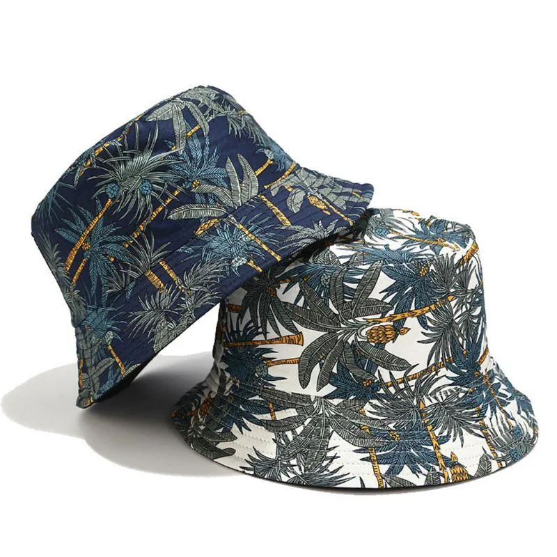 Cloches Erkek Kadınlar Yaz Tersinir Kova Şapkası Tropikal Palmiye Ağacı Bırak Baskı Hip Hop Geniş Brim Güneş Koruyucu Yuvarlak Düz Üst Balıkçı Kapağı
