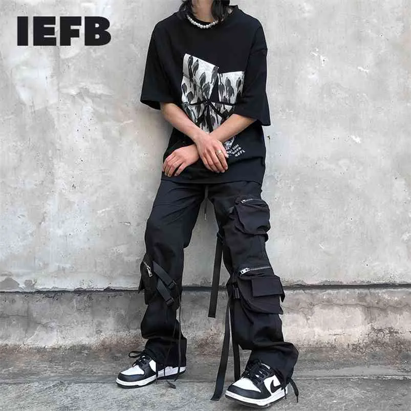 IEFB мода дизайн черные грузовые брюки для мужчин весенний хип-хоп уличная одежда емкости эластичные талии причинные брюки 9Y5519 210715