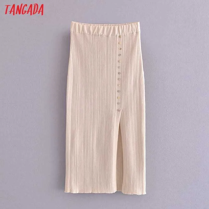 Tangada Women Beige Knit Midi Skirt Faldas MujerヴィンテージサイドボタンオフィスレディースエレガントなシックミッドカーフスカートSW40 210609