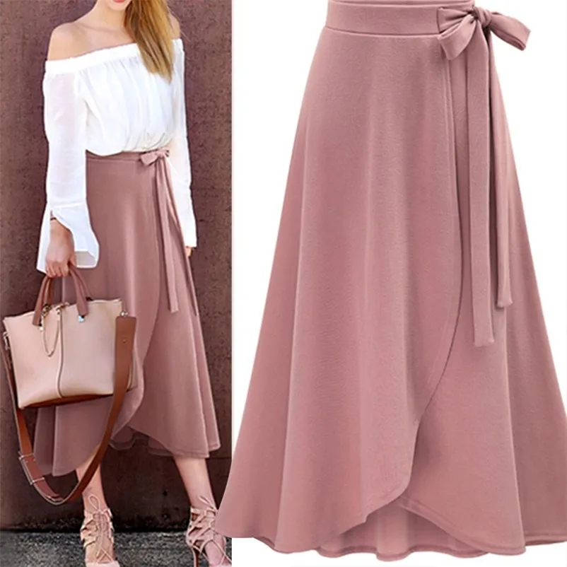 Chiffon Pink Ruffle Gonna lunga da donna a vita alta Bowtie Split Maxi gonne irregolari Donna Primavera Inverno Abiti da ufficio Donna 210311