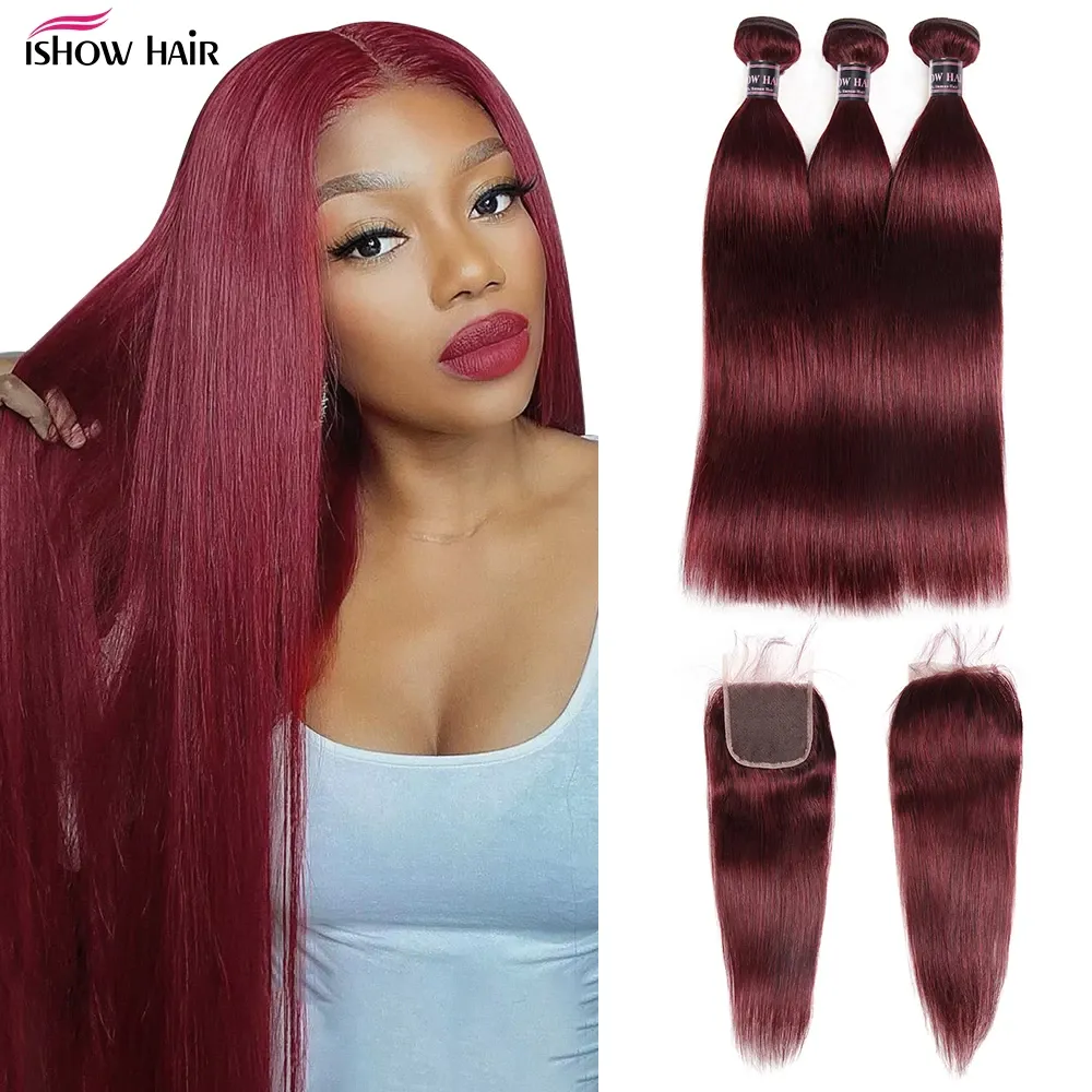 Ishow Ombre Color Hair Weaves Weft Extensions 3 Bundles with Closure T1B/27 T1B/99J Body Wave Human Hair Straight Brown Ginger