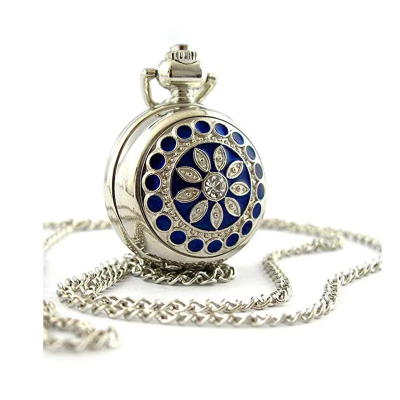 푸른 꽃 펜던트 시계 미러 쥬얼리 긴 슬리버 체인 목걸이 포켓 시계 5 조각