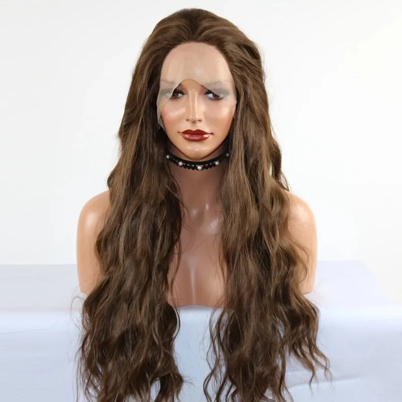 Sentetik Dantel Ön Peruk 26 Inç Uzun Kahverengi Pembe Mor Yeşil Dalgalı Sentetik Saç Isıya Dayanıklı Yumuşak Kadınlar için Doğal Saç Çizgisi ile Yumuşak