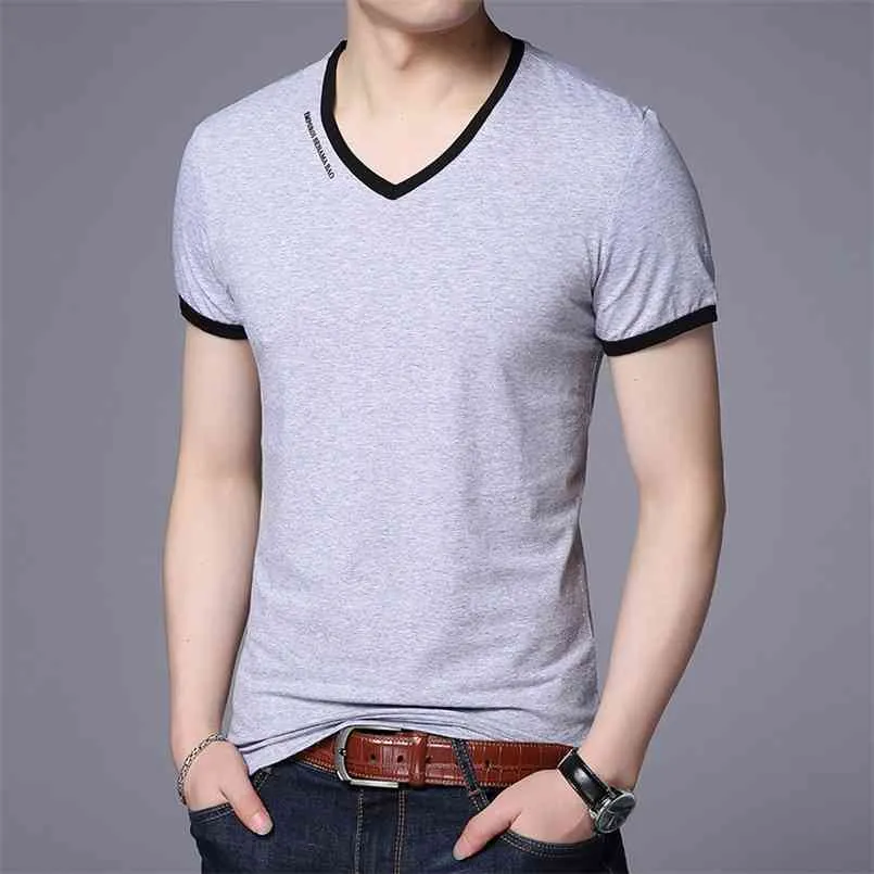 Mens T Shirts Fashion Summer V-Neck Slim Fit Short Sleeve Shirt Mercerized Cotton Brand-Kläder Casual -Shirt 210707