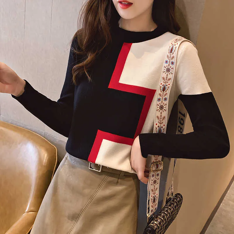 Trui vrouwen voor winter 2020 mode herfst contrast kleur patchwork gebreide lange mouw pullover vrouwelijke tricot jumper femme x0721