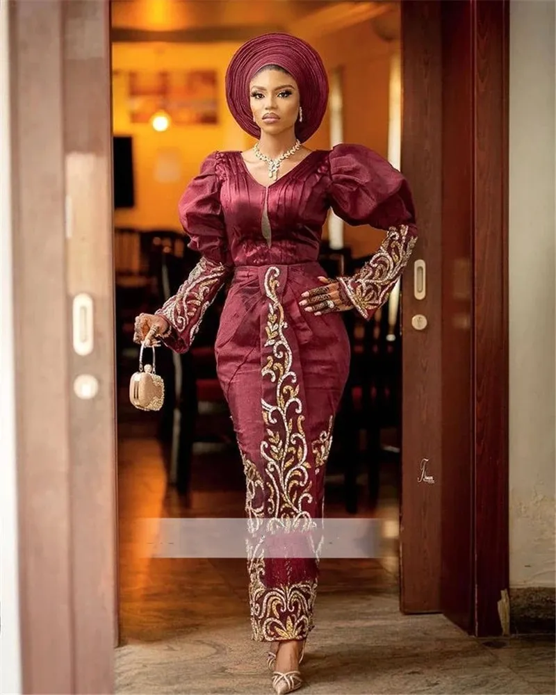 Gold Lace Satin Nigerian Formal Dress Elegant V Neck Puff Long Sleeve African Party Gown For Women From Babyonline 102.42 DHgate.Com