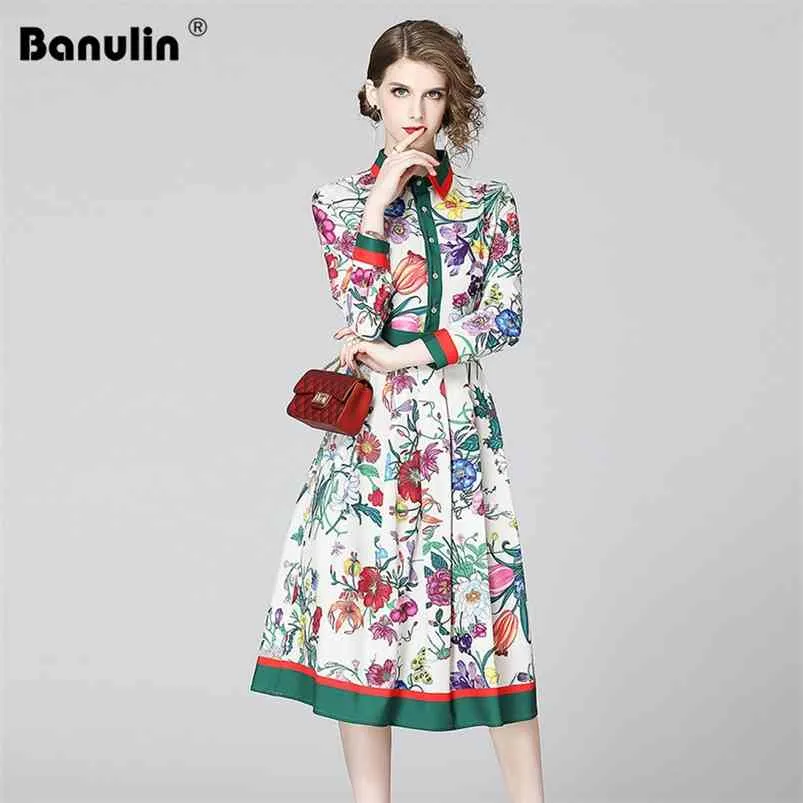 Banulin Lente Zomer Mode Runway Shirt Dres's Lange Mouw Elegante Floral Stripe Print OL Geplooide Midi 210623
