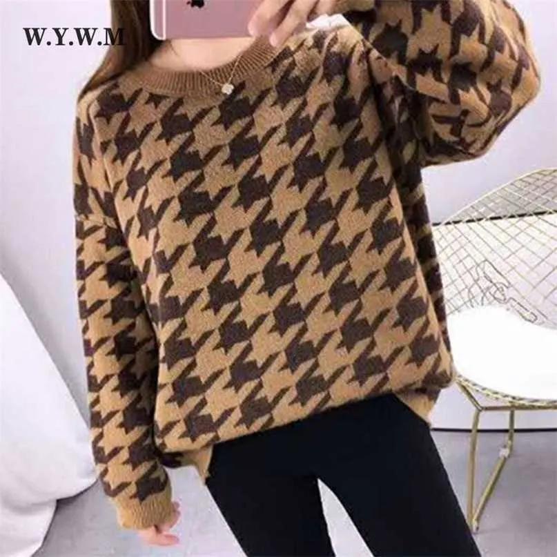 WYWM Cashmere Houndstooth Suéter Mujer Otoño Suave Punto Básico Jerseys O Cuello Suelto Cálido Mujer Punto Jumper 211011