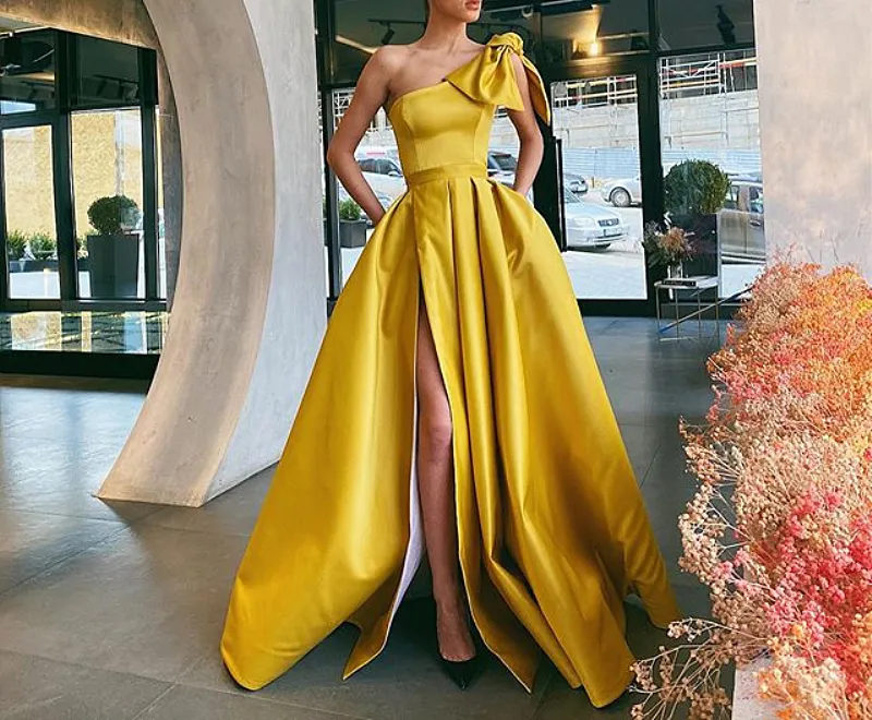 Élégant jaune une épaule arc robes de bal avec poches 2021 sexy côté haute fente une ligne longue robes de soirée formelles robe de soirée robes