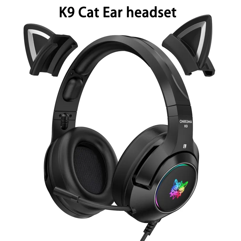 Onikuma K9猫の耳ゲームヘッドフォンとマイクRGB照明携帯電話コンピューターノイズ低下ヘッドセットゲームイヤホン