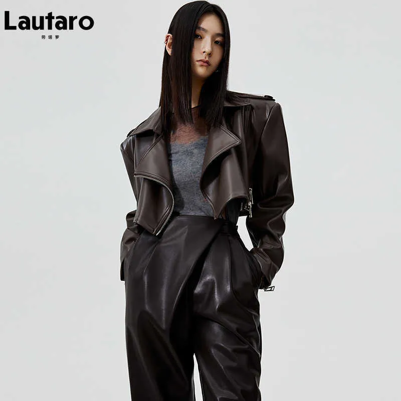 Lautaro осень короткие негабаритные коричневые кожаные байкерская куртка женщин с длинным рукавом молния Свободные стильные обрезанные вершины корейской моды 211011