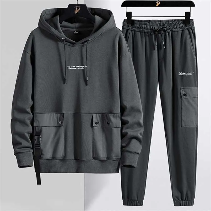 Wiosna Jesień Multi-kieszenie Plus Rozmiar Dres Mężczyźni Streetwear Black Grey Pullover Hoodie + Spodnie 2 sztuki Zestaw Mężczyzn Sportowy Garnitury 211222