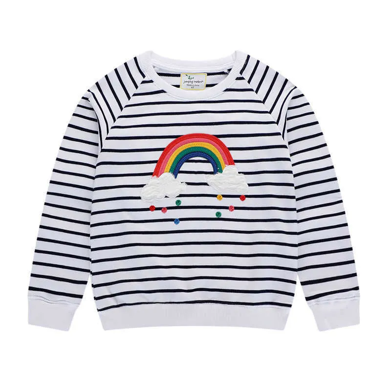 Hoppmätare Höst Sweatshirts Baby Girls Brand Clothes Stripe Rainbow Applique Toddler Girl Outfits 210529