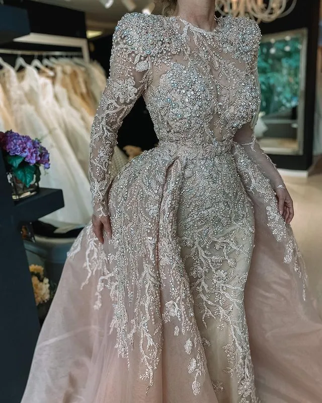 2022 Plus Size Arabski ASO EBI Szampan Luksusowy Mermaid Prom Dresses Lace Zroszony Wieczór Formalna Party Druga Recepcja Suknia Suknia Zj220