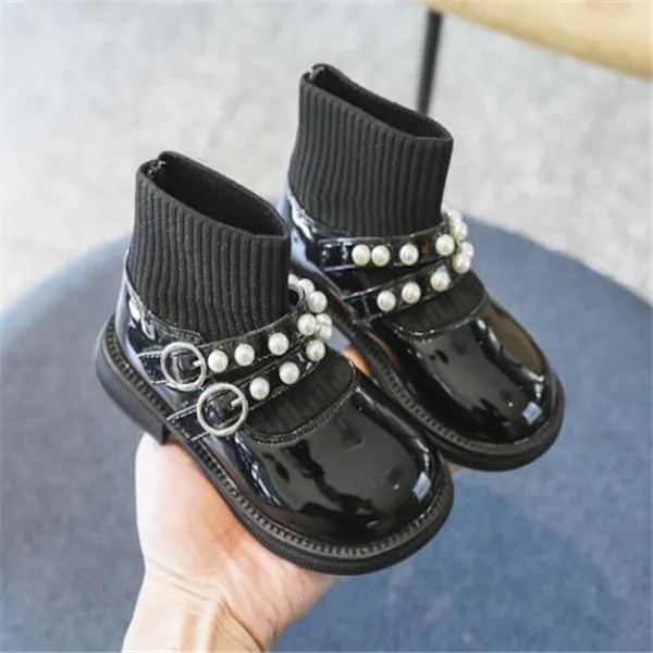 Moda çocuk yumuşak tabanlı kısa çizme ilkbahar sonbahar çocuk kızlar ayakkabı sevimli yürümeye başlayan çocuklar bebek inci yüksek top deri ayakkabı boyutu 21-30