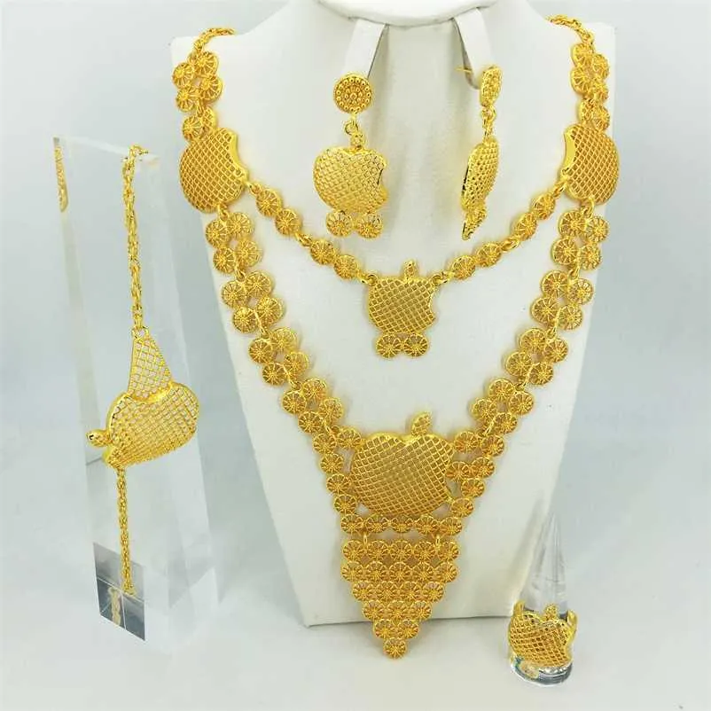 Mode Hochzeit Braut Kristall Schmuck Sets Afrikanische Perlen Dubai Gold Farbe Statement Schmuck Kostüm 211015