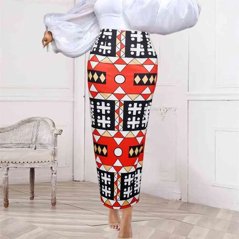 Hög midja plus storlek långa kjolar för kvinnor xxl geometrisk pakage hip smal passform bandage afrikansk kjol casual kväll fest jupes 210527