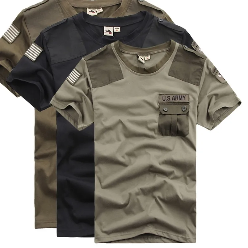 Idopy Summer Men`s Us Army Patchwork Pocket T-Shirts Quick Dry Combat Military Style Tshirts Tees For Cool 210722