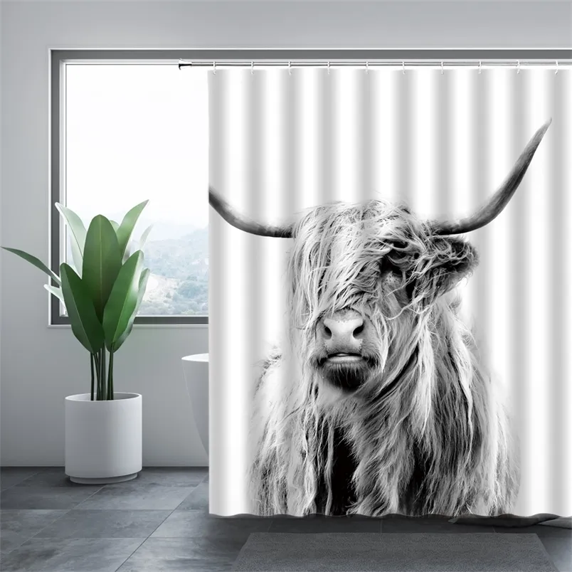 Lavable Rideau De Douche Highland Vache 3D Imprimer Étanche Tissu Faune Salle De Bains Rideaux Animal Baignoire Décor Avec Crochets 210915