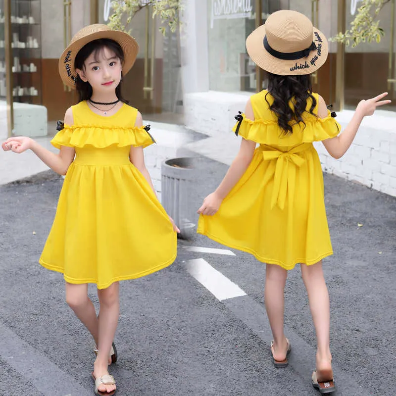 Girls Dresses 2021 Summer Children Fashion Dress Girls Clothes Off-the-shoulder Solid Summer Girls Dress 4 6 8 9 10 11 12 Years Q0716