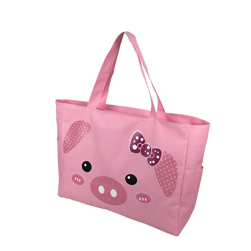 かわいい豚のビッグサイズの学校の本キャンバパッキングバッグピンクのスタッドハンドバッグ、デーニーマザートラベルショッピングバッグ50x14x38cm
