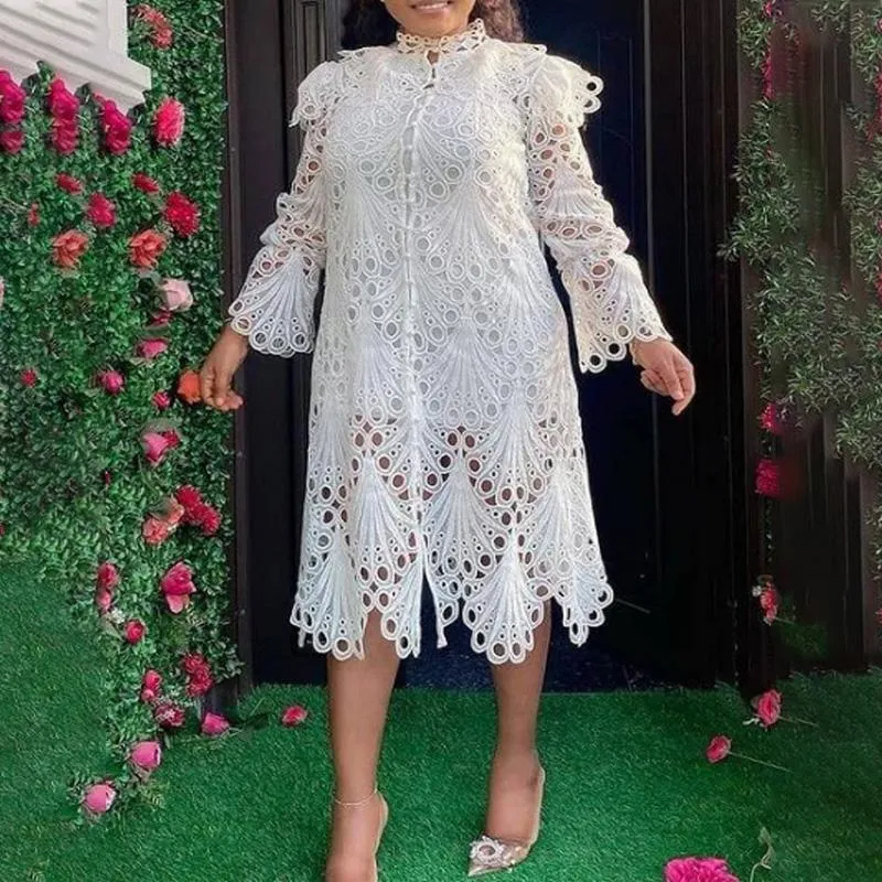 Odzież Etniczna Elegancka Hollow Out Mini Dress Rękaw Białe Luźne Przypadkowe Party Vestidos Boubou Marocain Femme Dubai Afryki 2021