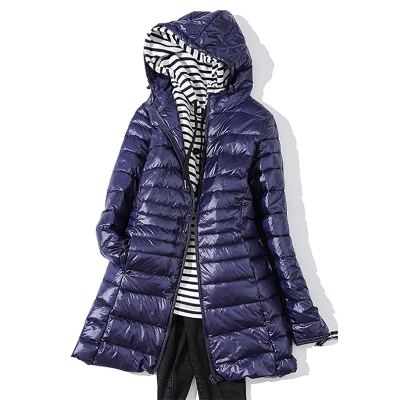 7XL Plus Size Long Down Jacket Women Winter Ultra Light With Hooded Coat Female Big Coats 211018