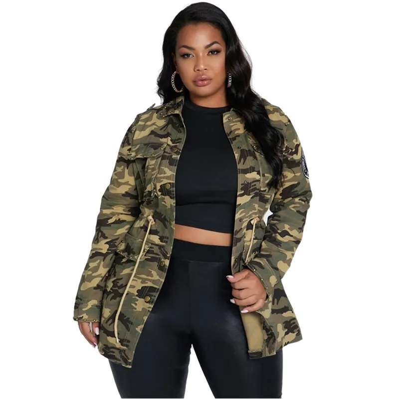 Camouflage Jackets Women Plus Size 5xl Long Sleeve Drawstring Camo Military Outwear Coat Rivet Stamp Female