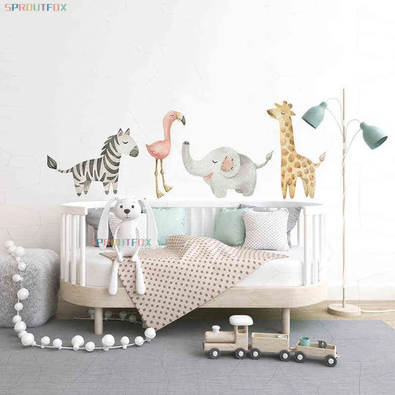 Nordic Cartoon Animals Wall Sticker för Barn Room Nursery Baby Boys Sovrum Väggdekaler Zebra Flamingo Elephant Giraffe Stickers 211112