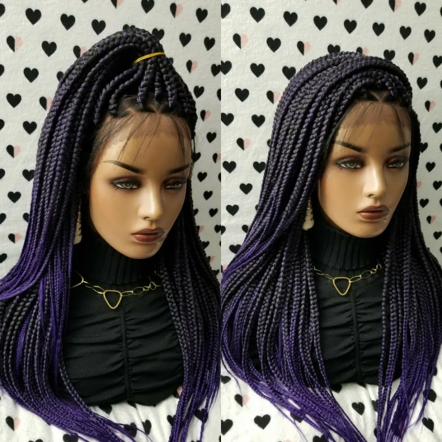 Full Lace Box Braided Wig Synthetic Ombre Brown Long Straight