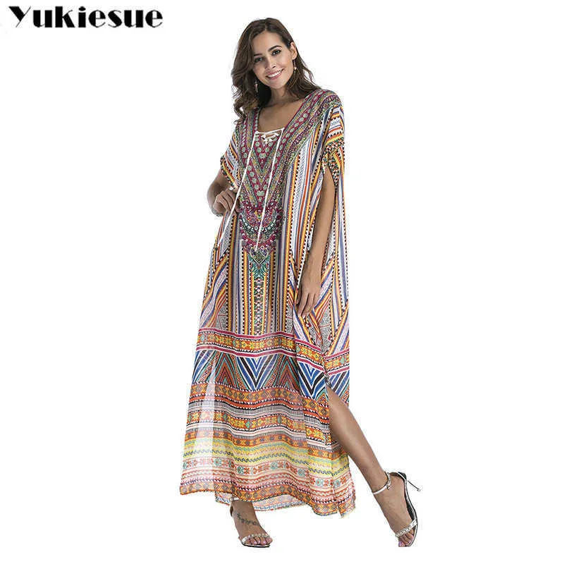 Femmes longues robes maxi bohême col en V trois quarts manches imprimé floral ethnique été plage femme fendue robe de style élégant 210608