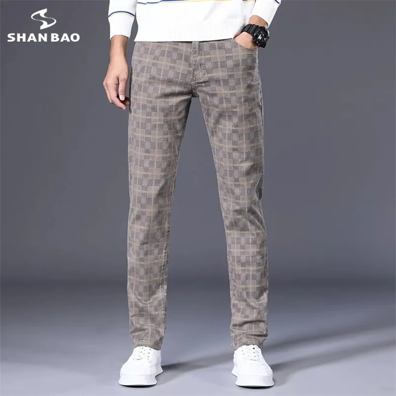 Shan Bao Höst Bomull Stretch Brand Plaid Pants Classic Style Youth Mäns Monterade Straight Casual Trousers 6 Färger 210723