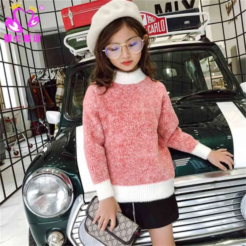 Children Clothing Knitted Pullover Sweater Girl Princess Knitwear Soft Warm Long Sleeve Autumn Winter Kids Girls Sweaters Pink 210713